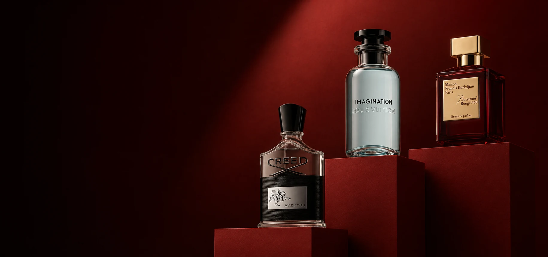Luxury fragrances on burgundy display plinths