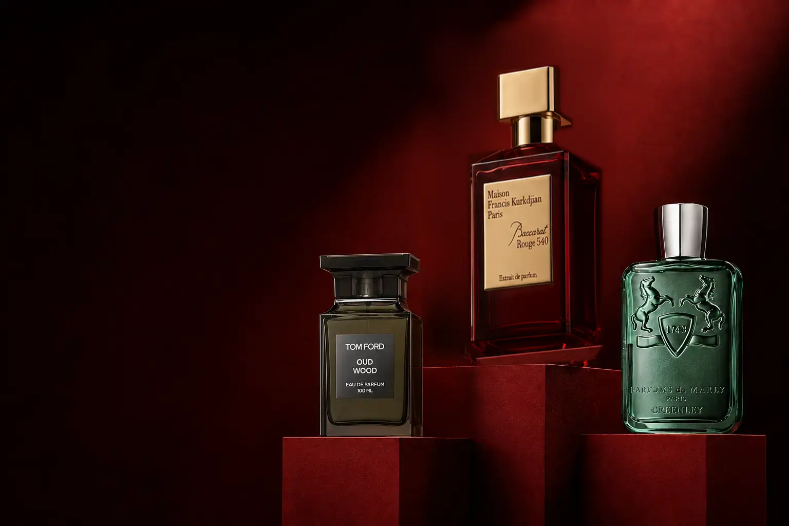 Designer and niche fragrances on burgundy display plinths